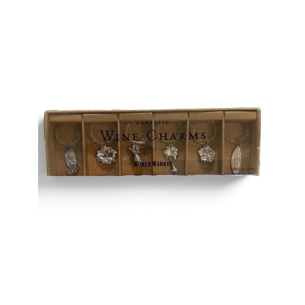 World Market Paradise Wine Charms Set of 6 Silver Tropical Beach Theme New